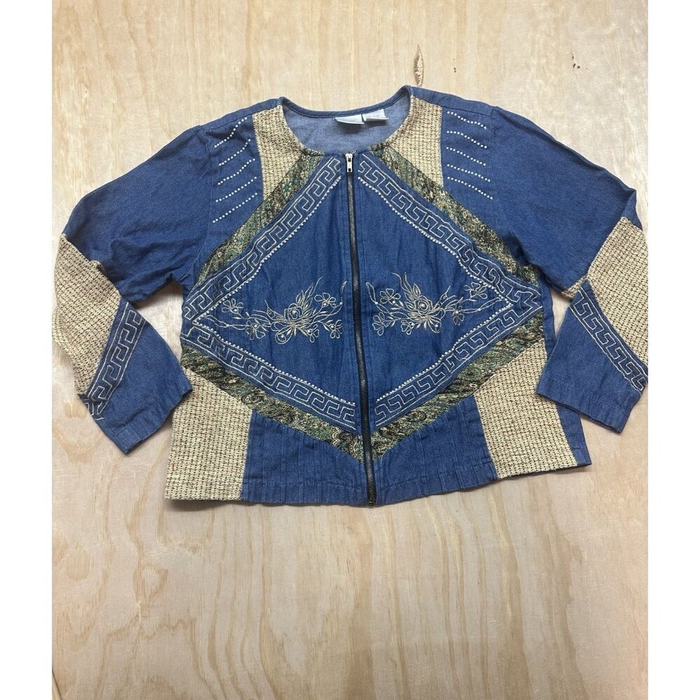 Blair Boutique Women's Full Zip Denim Jean Jacket Blue L Embellished Embroidered